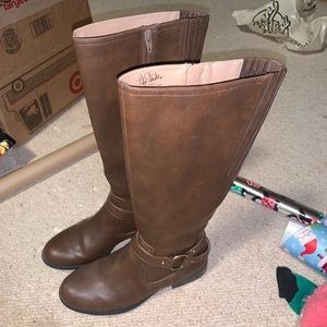 tall brown zip up boots buckle